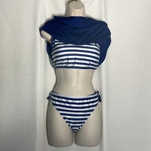 Nautical Stripe Bikini Swimsuit 2pc Attached Navy Coverup Beach Summer 34” / XXL